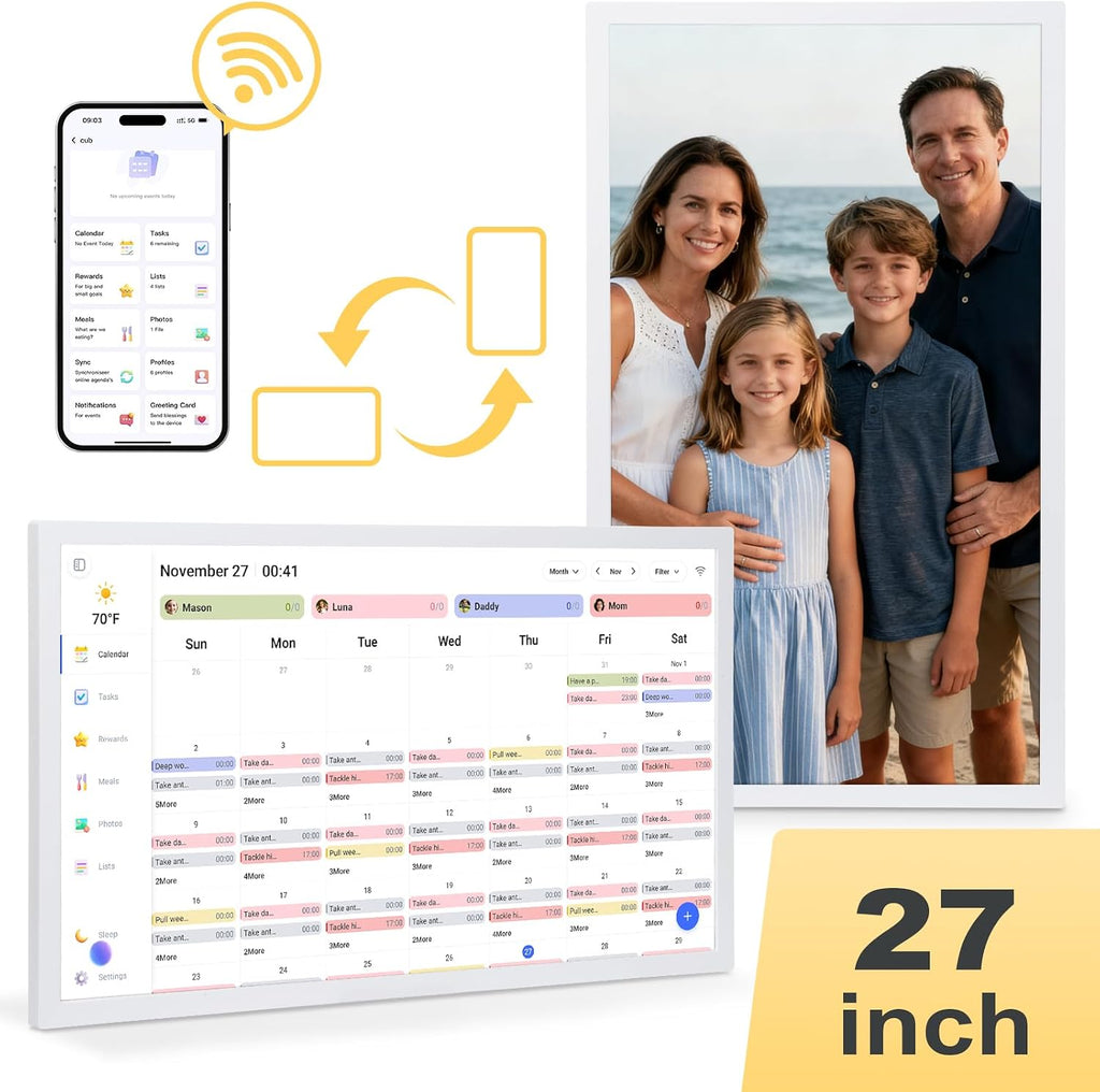 COMIX 27-inch Smart Digital Wall Calendar - Large HD Touchscreen Family Command Center, Real-Time Sync with Google, Apple & Outlook Calendar, Digital Photo Frame with Meal Planner & Task Manager