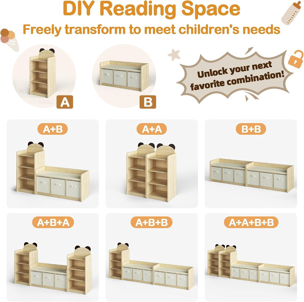 Reading Nook for Kids Bookshelf Bench and Toy Storage with Adjustable Shelves and Seat Cushion Toddler Book Shelf for Bed Room,Nursery Kids Reading Nook