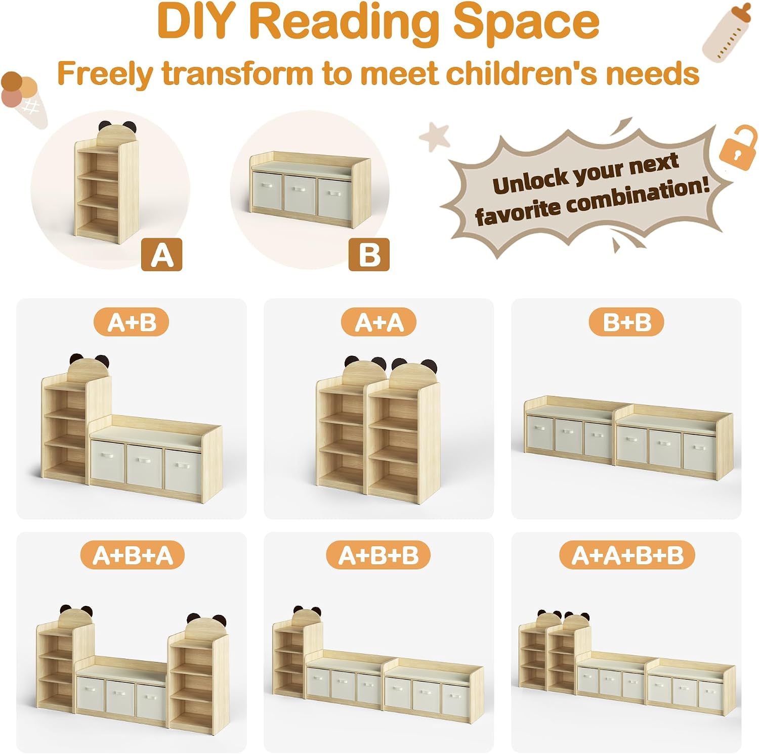 Reading Nook for Kids Bookshelf Bench and Toy Storage with Adjustable Shelves and Seat Cushion Toddler Book Shelf for Bed Room,Nursery Kids Reading Nook