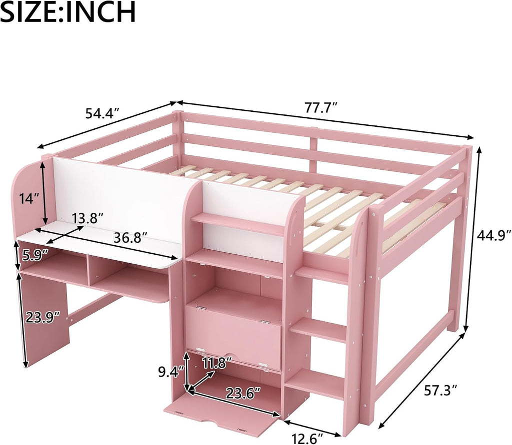 JIVOIT Full Size Loft Bed with Built-in Desk, Wooden Low Loft Bed with Storage Cabinets and Open Bookcase, Whiteboard for Graffiti, Safety Guardrail & Ladder, Easy Assembly (Pink//57)