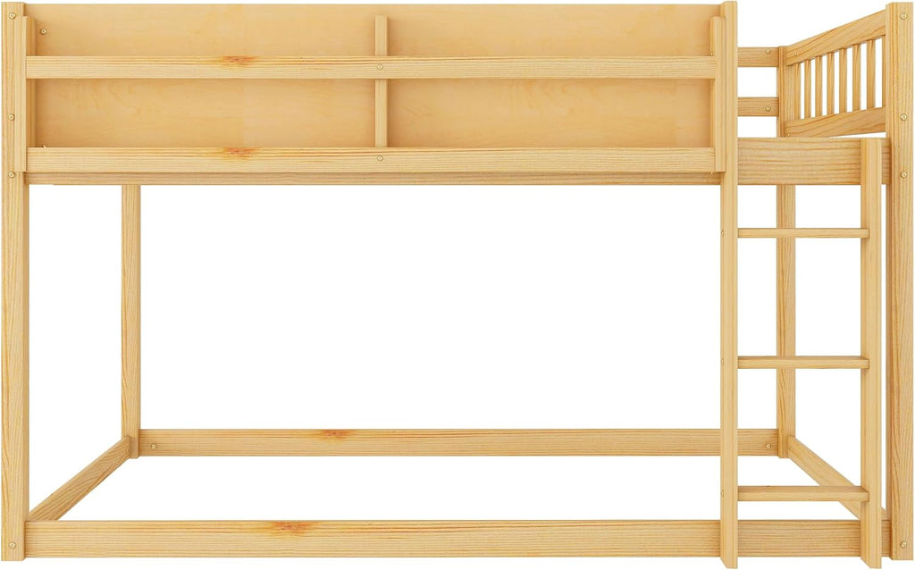 KEIKI Convertible Loft Bed Frame with Storage Shelf, Twin Over Twin Floor Bunk Bed with Ladder & Guardrails, Solid Kids Beds Frames for Boys Girls Bedroom, No Box Spring Needed, Easy Assembly, Brown