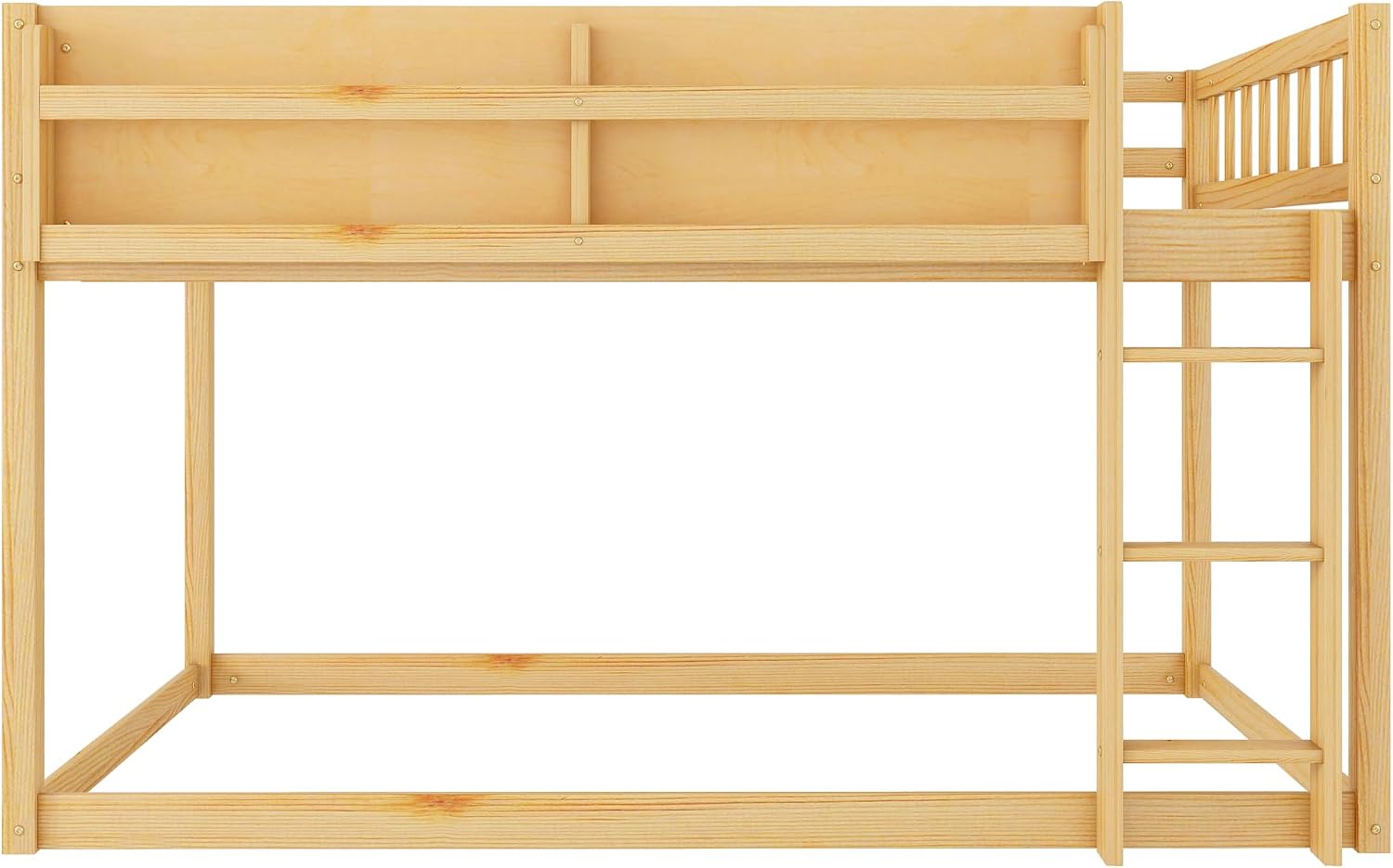 KEIKI Convertible Loft Bed Frame with Storage Shelf, Twin Over Twin Floor Bunk Bed with Ladder & Guardrails, Solid Kids Beds Frames for Boys Girls Bedroom, No Box Spring Needed, Easy Assembly, Brown