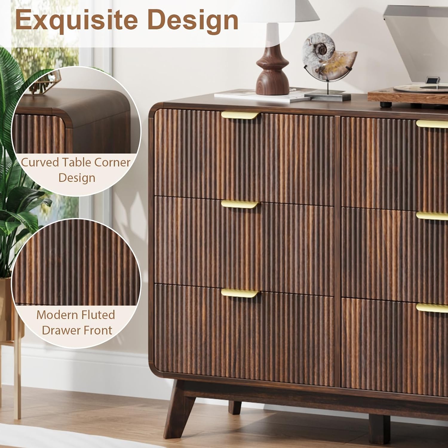 QUW Fluted 59.1' Wide Modern Dresser for Bedroom with 9 Drawers, Tall Chest of Drawers with Metal Handle, Wooden Dresser TV Stand, Hallway, Living Room, Dark Walnut