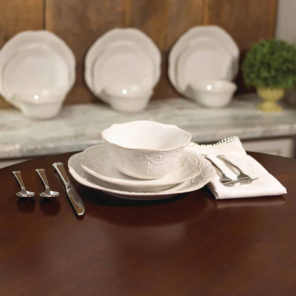 Lenox Dinnerware Set, French Perle White 12-Piece Set, Service For 4, Stoneware Material, Dishwasher Safe, Microwave Safe, Plates, Bowls, Home & Kitchen, Plates And Bowls Sets (White, 12 Piece)
