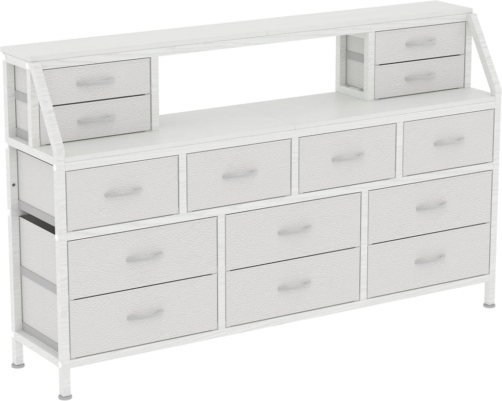 Dresser for Bedroom, 55' TV Stand with 14 Drawers, Long Dresser & Chests of Drawers with Shelves & Sturdy Metal Frame & Wood Top (White)