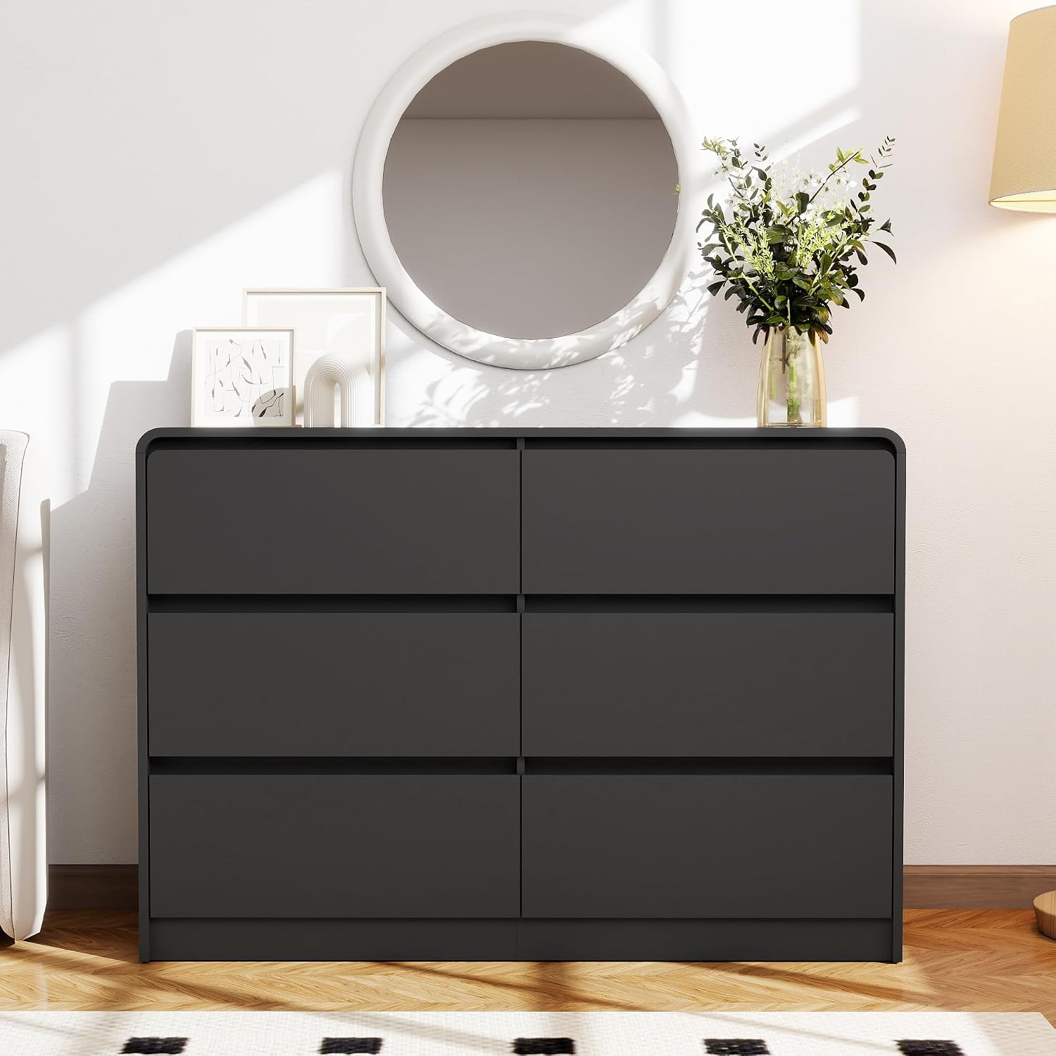 Black 6 Drawer Dresser for Bedroom,Modern Chest of Drawer with Curved Corner and No-Handle Design,Bedroom Storage Organizer Dresser for Closet,Hallway