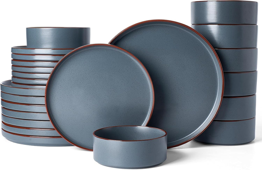 Famiware Nebula Ridge Stoneware Dinnerware Sets for 8, 24 Pieces Plates and Bowls Sets, Dishes Set, Microwave and Dishwasher Safe Kitchen Plates, Charcoal