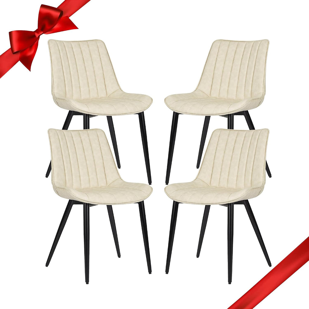 ECOTOUGE Dining Chairs Set of 4, Comfy Faux Leather Kitchen Chairs with Metal Legs, Mid Century Modern Chair for Bedroom, Living Room, Beige