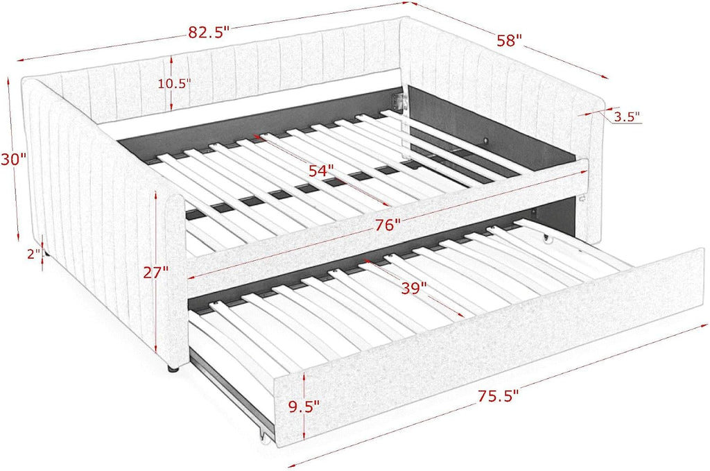Ball & Cast Full Size Daybed with Pop up Trundle,Linen Upholstered Day Bed Frame with Channel Tufted Backrest & Armrest,Extendable Trundle Bed,Full to King Design,Easy Assembly,Black