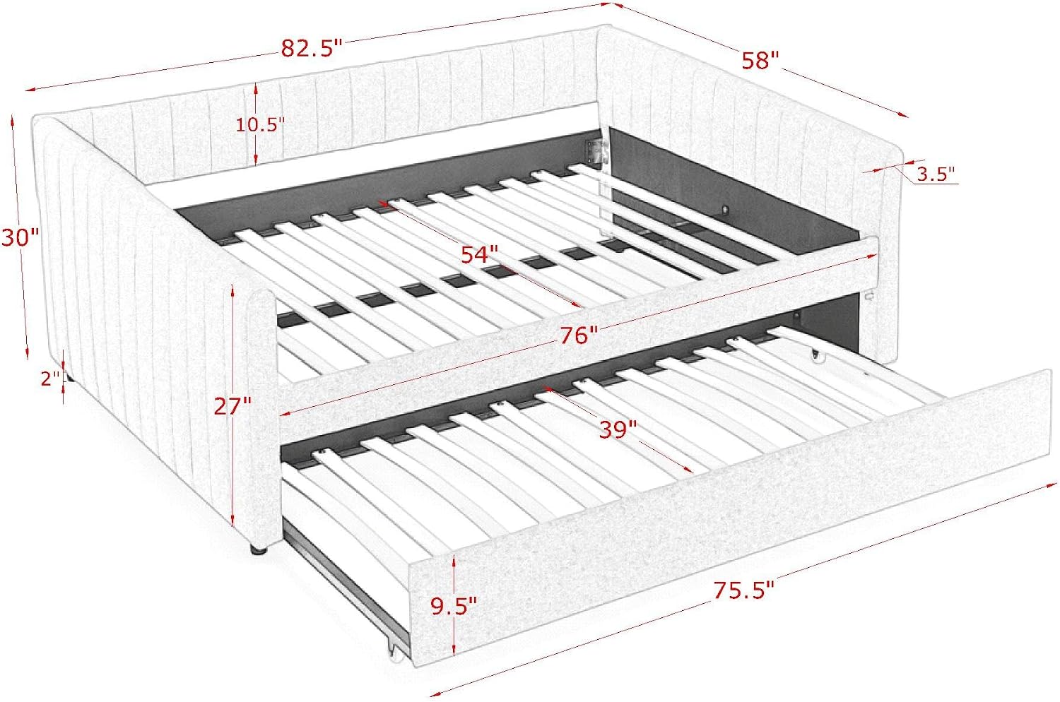 Ball & Cast Full Size Daybed with Pop up Trundle,Linen Upholstered Day Bed Frame with Channel Tufted Backrest & Armrest,Extendable Trundle Bed,Full to King Design,Easy Assembly,Black