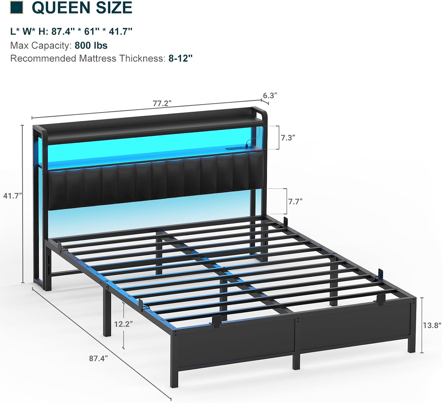 Homieasy Queen Bed Frame with Charging Station, Adjustable Upholstered Faux Leather Headboard, Industrial Platform Bed with LED Lights, Steel Slat Support, No Box Spring Needed, Black