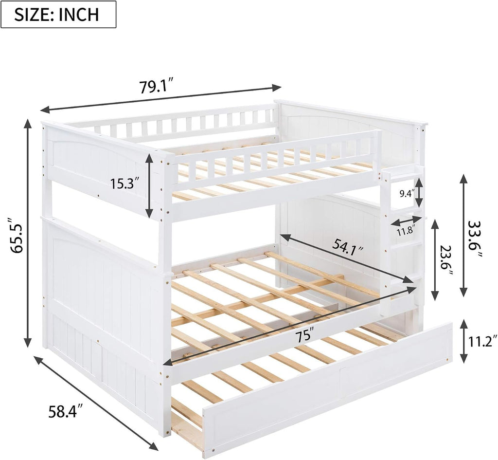 SOFTSEA Full Over Full Bunk Bed with Trundle for 3, Wood Bunk Beds with Trundle for Kids Teens, Divided Into Two Separate Full Beds, Space Saving, No Box Spring Needed, White