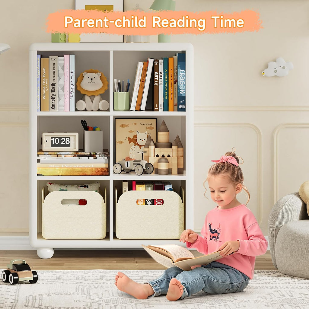 Kids Bookshelf, Large Wooden Bookcase with 6 Cube Storage, Girl Toy Storage Organizer Cabinet with Child Safe Paint&Thick Board, Boy Tall Book Shelves Nook for Office Playroom Living Room(White)