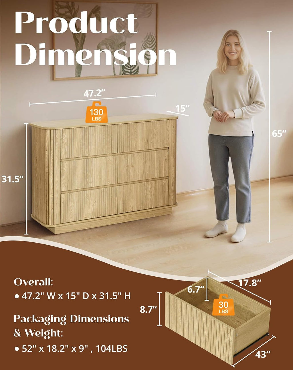 Fluted 6 Drawer Dresser for Bedroom, 47.2' Wide Wood Chests of Drawers with Rounded Corners, Mid Century Modern Closet Clothes Storage Organizer, TV Stand for Living Room, Hallway, Oak