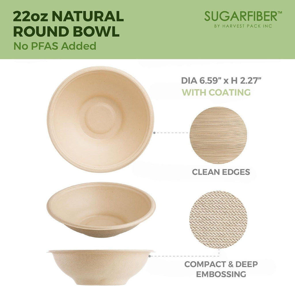 [1000 Count]Sugarfiber by Harvest 22oz Round Compostable Bowls PFAS Free with PLA coating, Heavy-Duty Eco-Friendly Disposable Bagasse Bowl, Sugarcane made plant fibers for Meal Prep