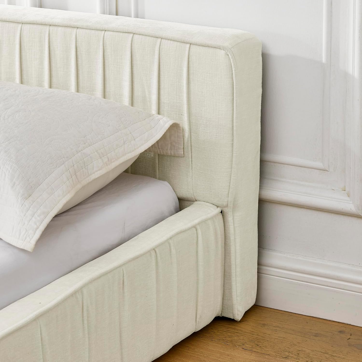 KLMM Queen Size Upholstered Bed Frame with Chenille Fabric with Pleated Design,Grounded Platform Bed with Headboard and Solid Frame,for Bedroom Use (Beige/Chenille, Queen)