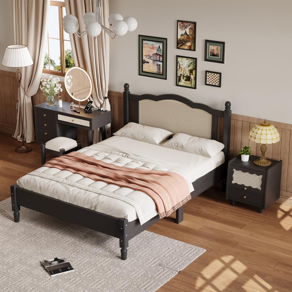 3 Pieces Bedroom Set with Full Size Wooden Bed Frame, 1 Vintage Nightstand and 1 Makeup Vanity Set with Stool,Black (Black + Wood + Full + 3 Piece Set)