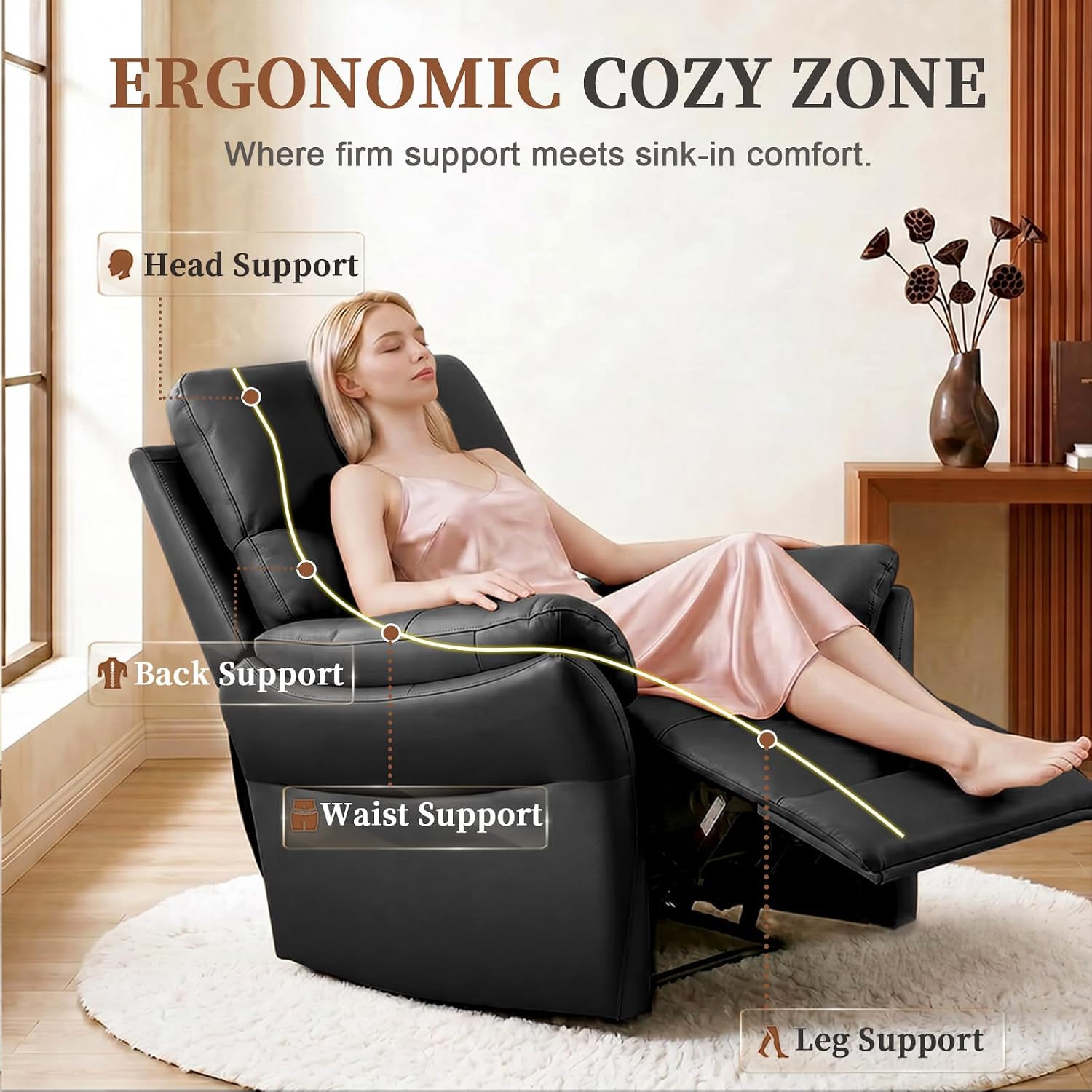 AIRSKY Genuine Leather Recliner Chair, Top Grain Leather, Italian Water-Washing Process, Reclining Sofa Chair for Reading, Single Sofas for Living Room, Theater Seating, Bedroom. Black,R1