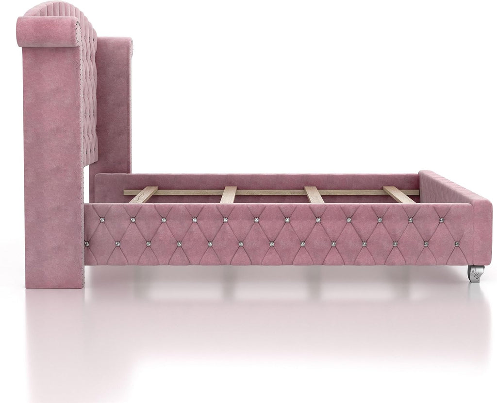 Furniture of America FOA Gijit 3-Piece Pink Fabric Wingback Bedroom Set - Full + 2 Nightstands