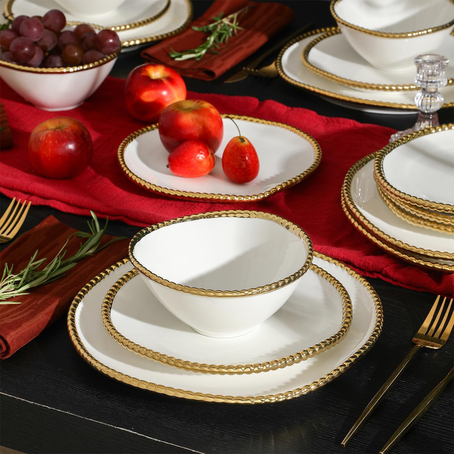Christian Siriano Akoya Porcelain Dinnerware Set, 24-Piece - Dish Set for 8, Plates and Bowls Set, White and Gold