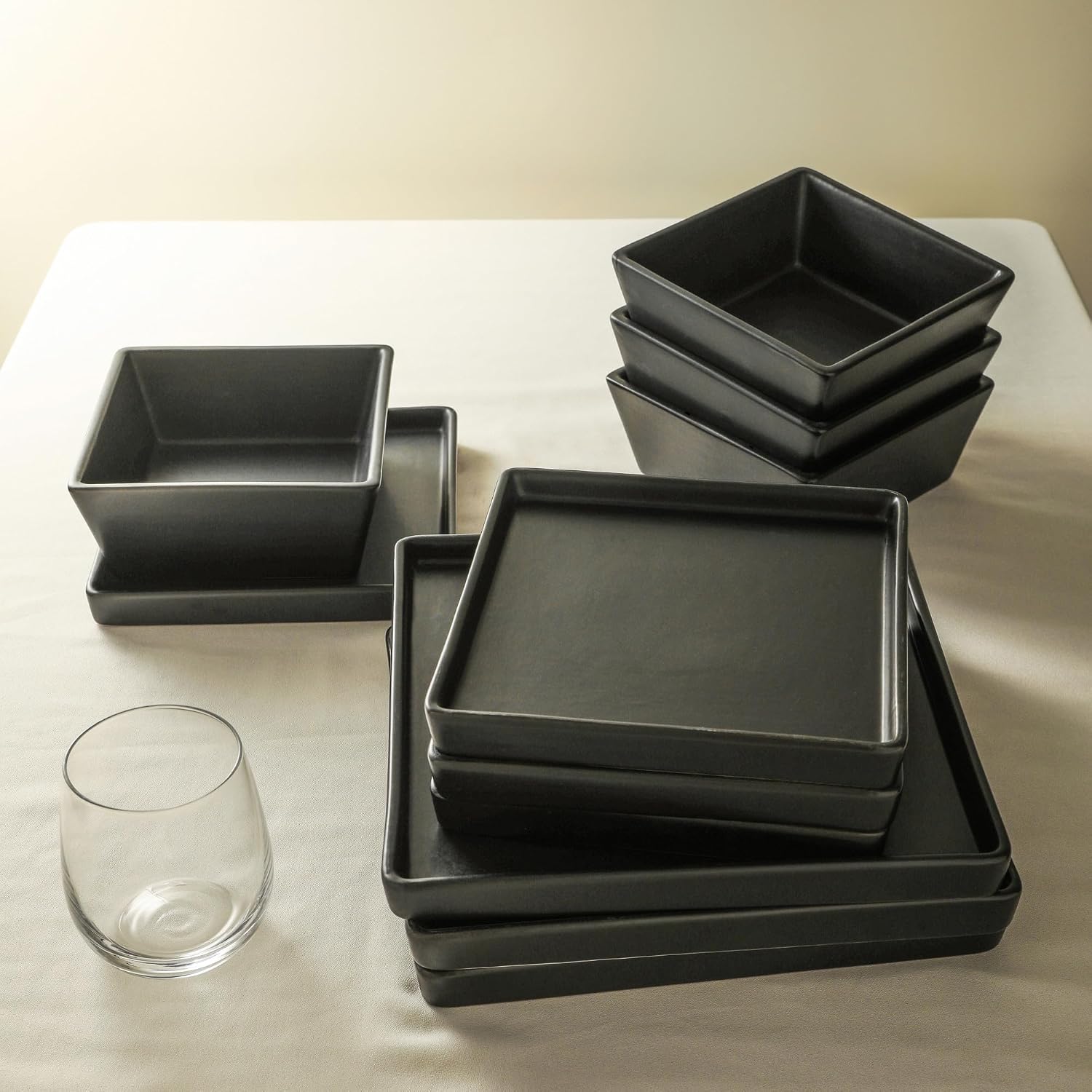 Stone Lain Grace Square Stoneware Dinnerware Set, 24 Piece Service For 8, Plates and Bowls Dish Set, Black