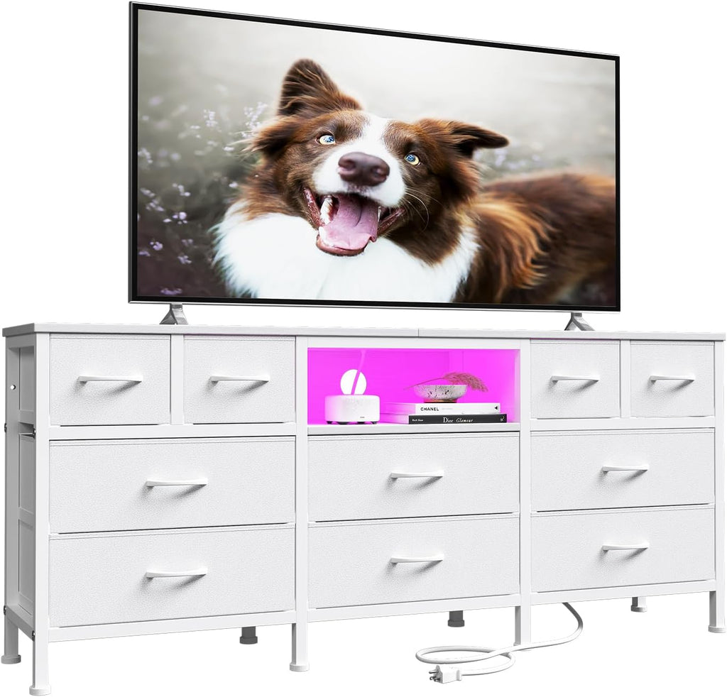 White Dresser for Bedroom with LED Lights and Power Outlets, 55' TV Stand with 10 Drawers & Open Shelves, Fabric Chest of Drawers with PU Finish, Metal Frame, Wood Top (White)