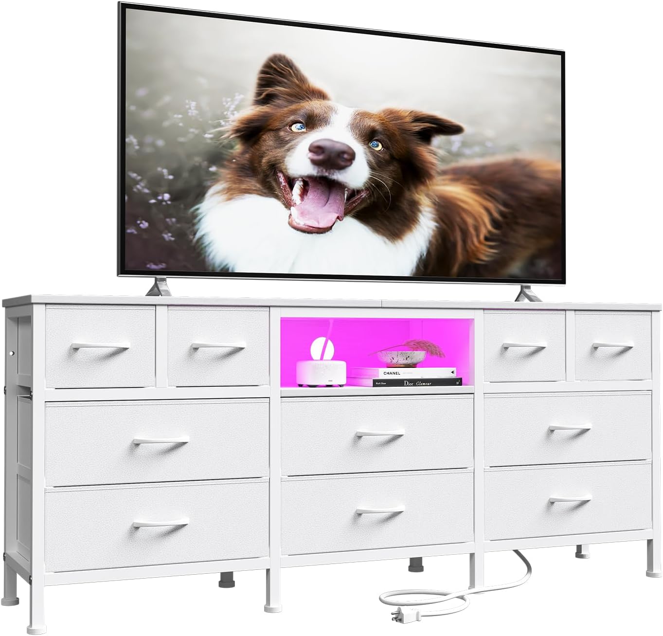 White Dresser for Bedroom with LED Lights and Power Outlets, 55' TV Stand with 10 Drawers & Open Shelves, Fabric Chest of Drawers with PU Finish, Metal Frame, Wood Top (White)