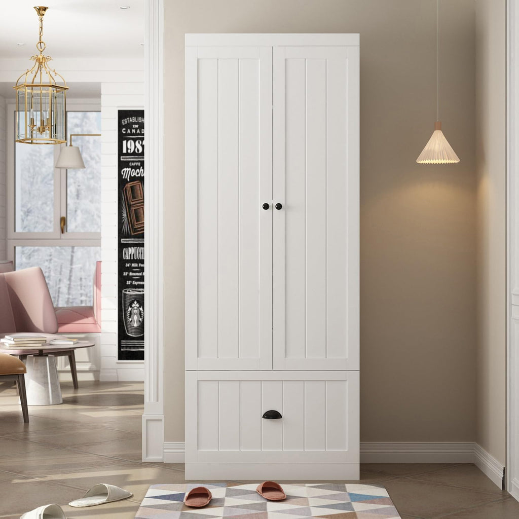 AIEGLE 2 Doors Wardrobe Armoire Closet, Bedroom Storage Cabinet Organizer with 4 Tiers Shelf & Drawer, Freestanding Armoire Wardrobe Cabinet, White (27.6' W x 13.8' D x 70.9' H)