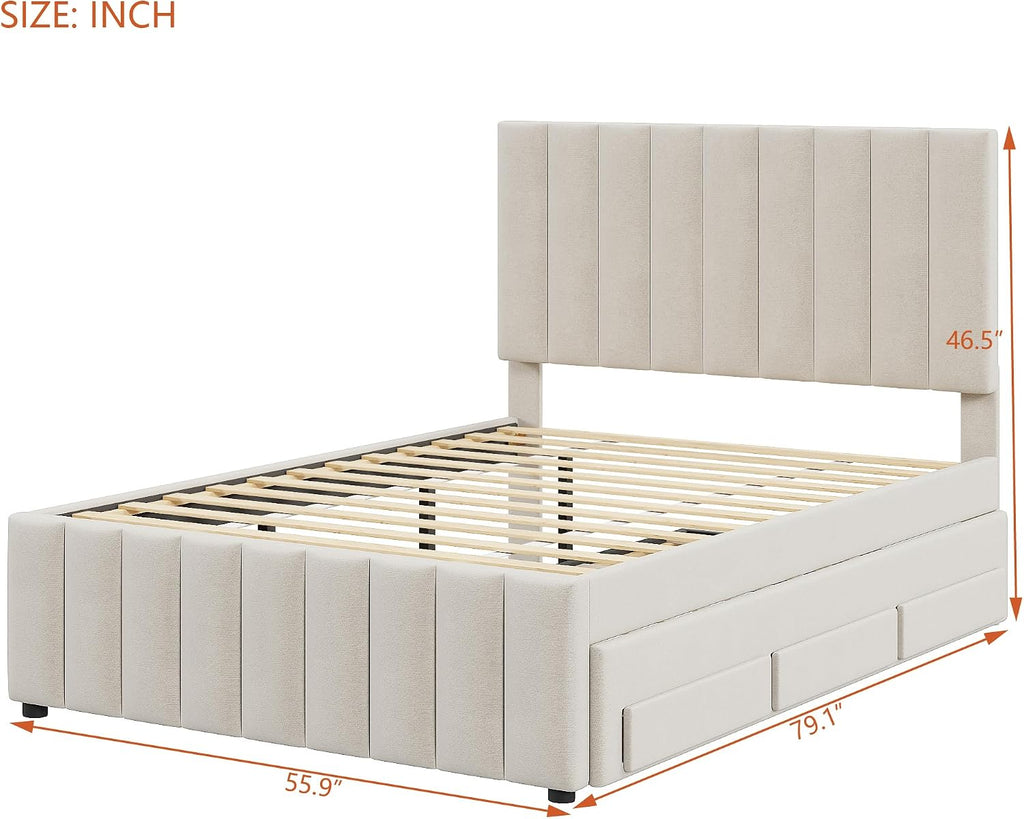 VilroCaz Full Size Upholstered Platform Bed with Trundle and 3 Drawers, Linen Fabric Platform Bed Frame with Stripe Headboard, No Box Spring Needed, Space Savings (Beige-6.16)