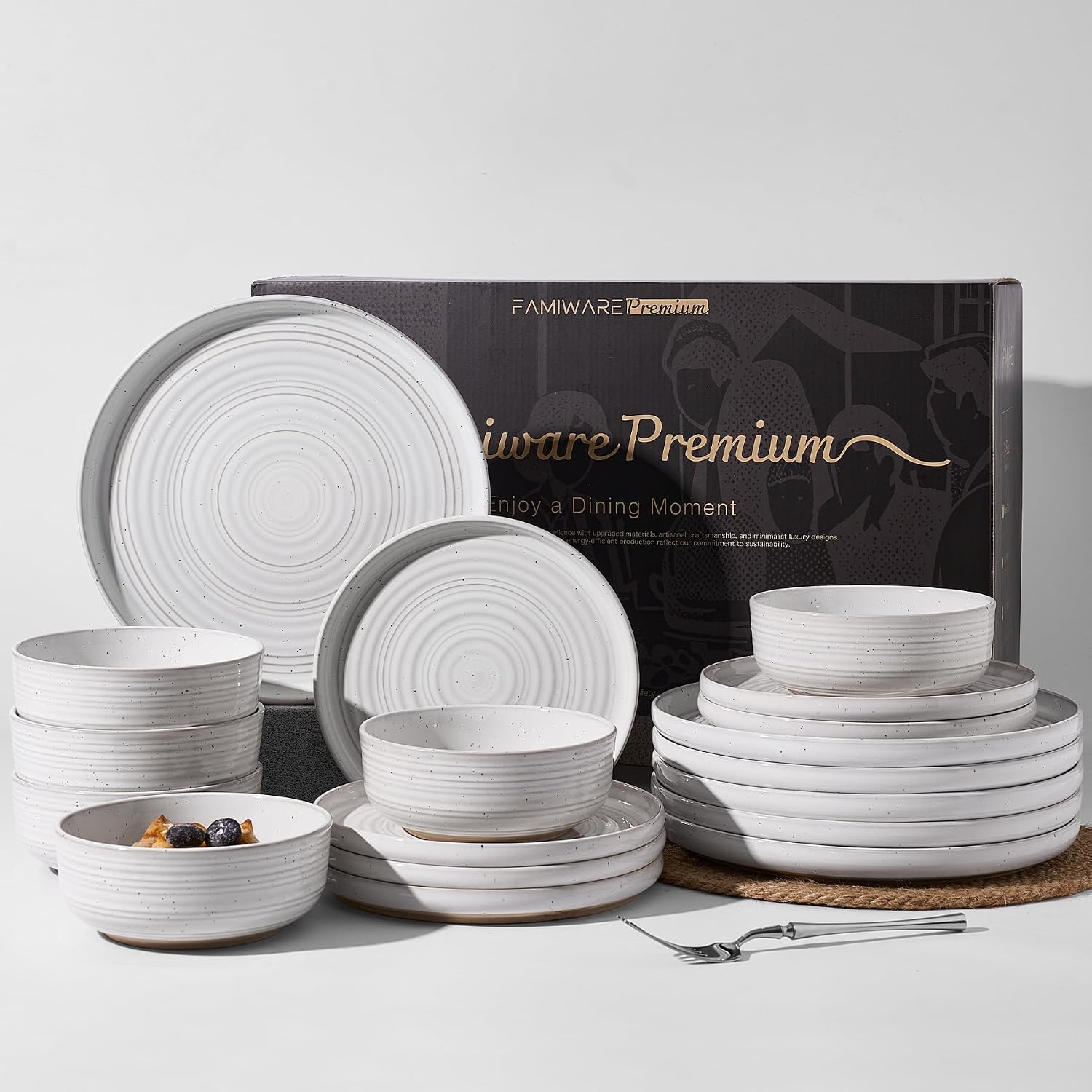 18-Piece Stoneware Dinnerware Set – Flared Plates and Bowls with Reactive Glaze, Speckles & Spirals, Chip & Scratch Resistant Dishes, Dishwasher Safe, Service for 6, Gift Box, White