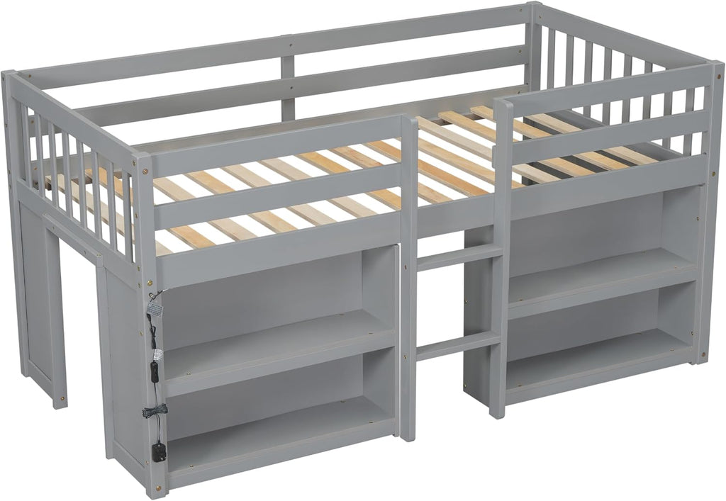 Twin Size Low Loft Bed with Two-Tier Shelves, Multifunction Wood Loft Bed Frame with Built-in Stairs, Storage Underneath, Sturdy Slats Support, Space Saving Loft Bed for Kids Boys Girls (Gray * 01)