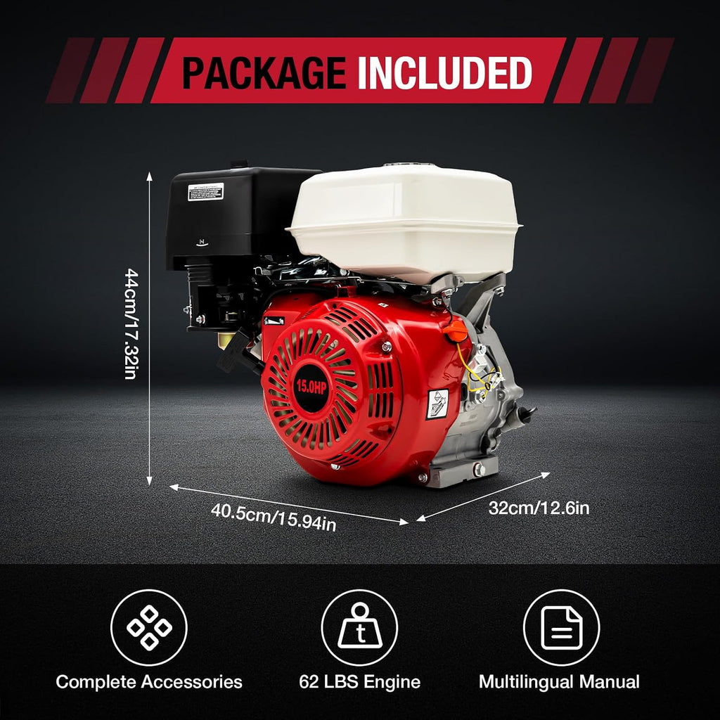 Gas Engine 15HP, 420CC Gas Powered 4 Stroke Multi-Use Engine Pull Start Air Cooled (15HP, 420CC, Red)