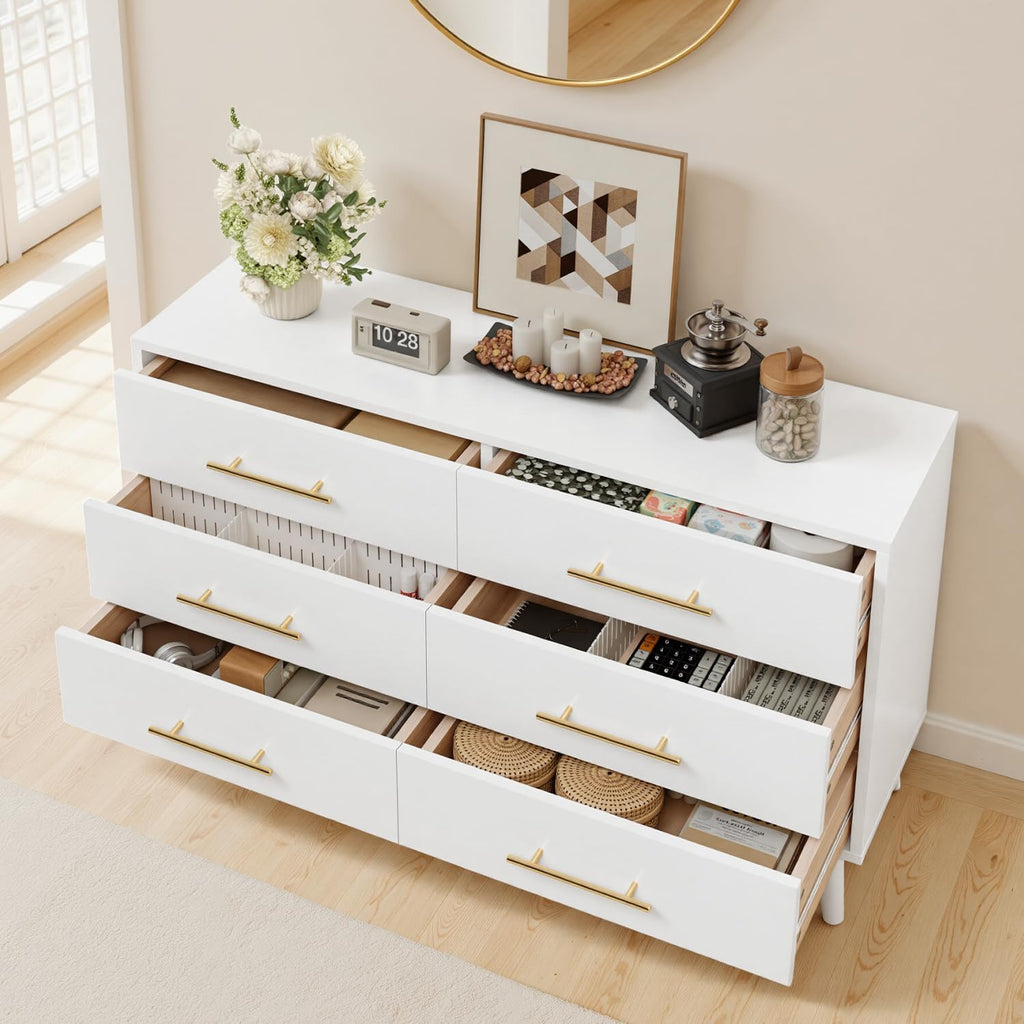 Ahomly 6 Drawer Dresser for Bedroom, 47.5' Wide Chest of Drawers with Metal Handles and Anti-Tip Kit, Large Capacity Storage Dresser for Living Room, Entryway, or Nursery, White