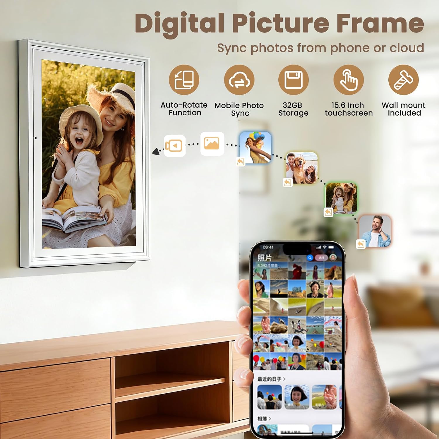 15.6 Inch Digital Calendar Wall Touch Screen, Smart Family Calendar & Chore Chart for Kids, 1080P Full HD Electronic Planner, Digital Picture Frame, Wall & Desk Mountable