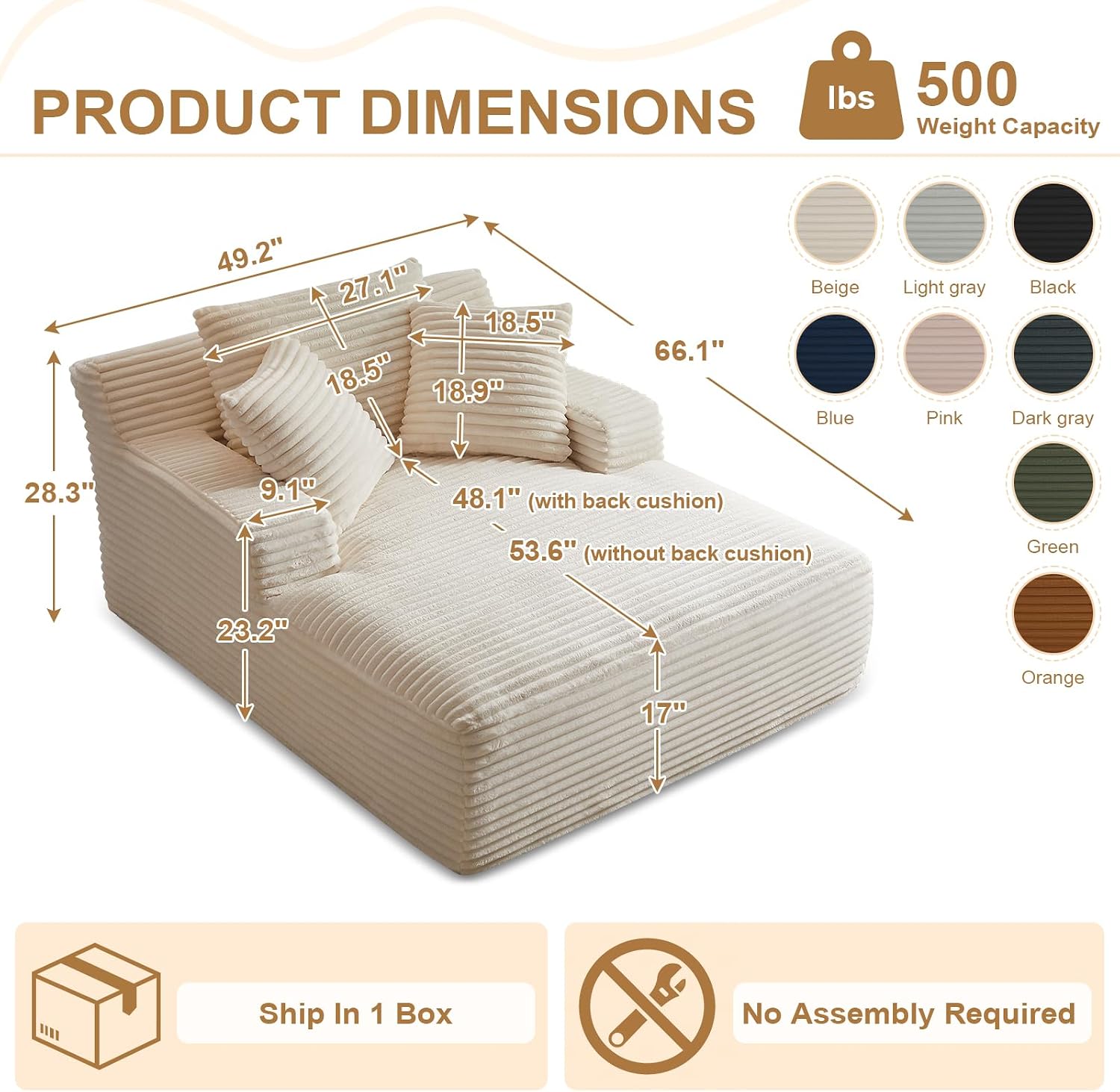 Oversized Chaise Lounge Chair Indoor, 66' Cloud Boneless Sleeper Couch Corduroy Upholstered Sofa Bed Deep Seat Comfy Reading Chair with 3 Pillows for Living Room Bedroom, Beige
