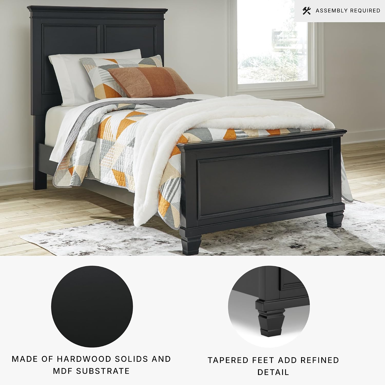 Signature Design by Ashley Lanolee Transitional Twin Panel Bed with Tapered Feet, Foundation or Box Spring Needed, Black