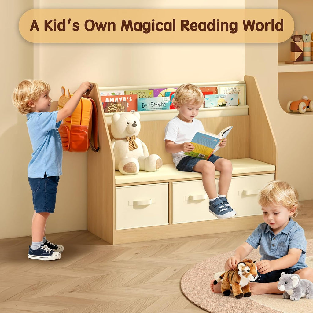 Kids Reading Nook and Storage Organizer - Large Book Storage with 3 Drawer Bench 3 Tier Book Sling, Bag Hook Perfect Book Nook for Ages 3-12 Chirstmas Gift