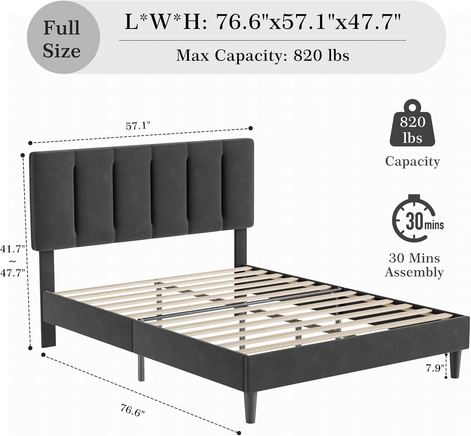 VECELO Full Bed Frame with Upholstered Headboard, Heavy-Duty Platform Bedframe with Strong Wooden Slats Support, No Boxing Spring Needed, Black