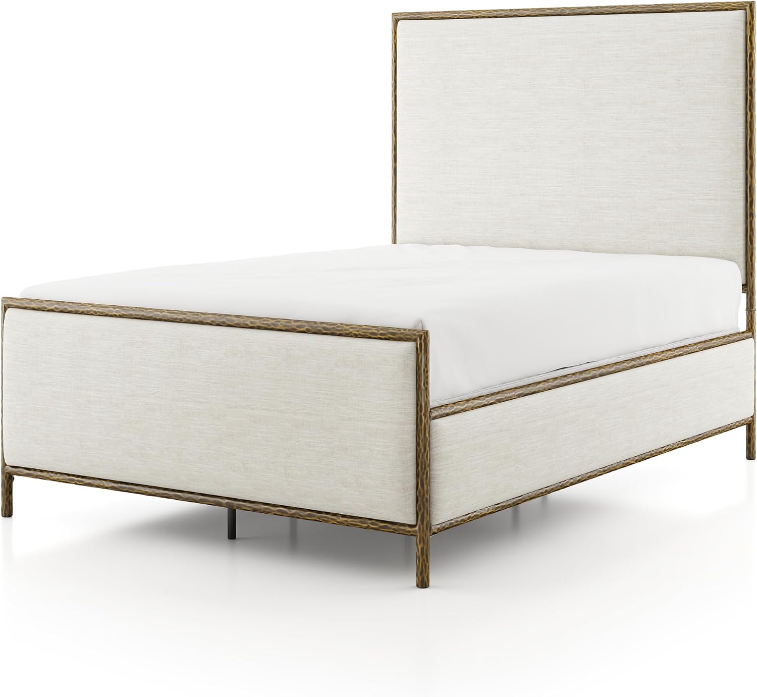 24/7 Shop at Home Lalia Hammered Metal 3-Piece Bedroom Collection, Upholstered Bed Frame with Beige Fabric Headboard, Forged Steel and 1-Shelf Nightstands, Foundation Required, Full, Matte Gold