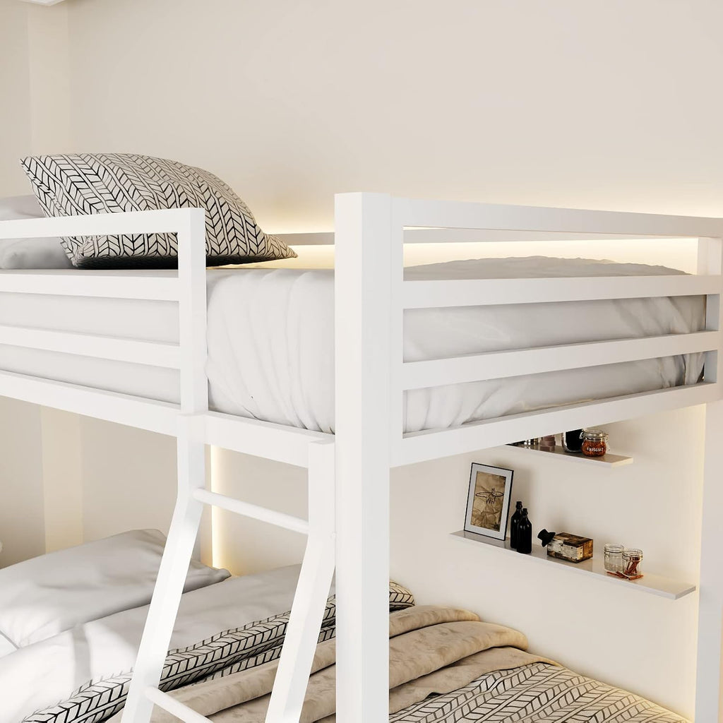 ikalido Metal Loft Bunk Bed Twin Over Twin Size with Safety Guardrail and Ladder, No Box Spring Needed Space Saving Bedroom Furniture, Cream White