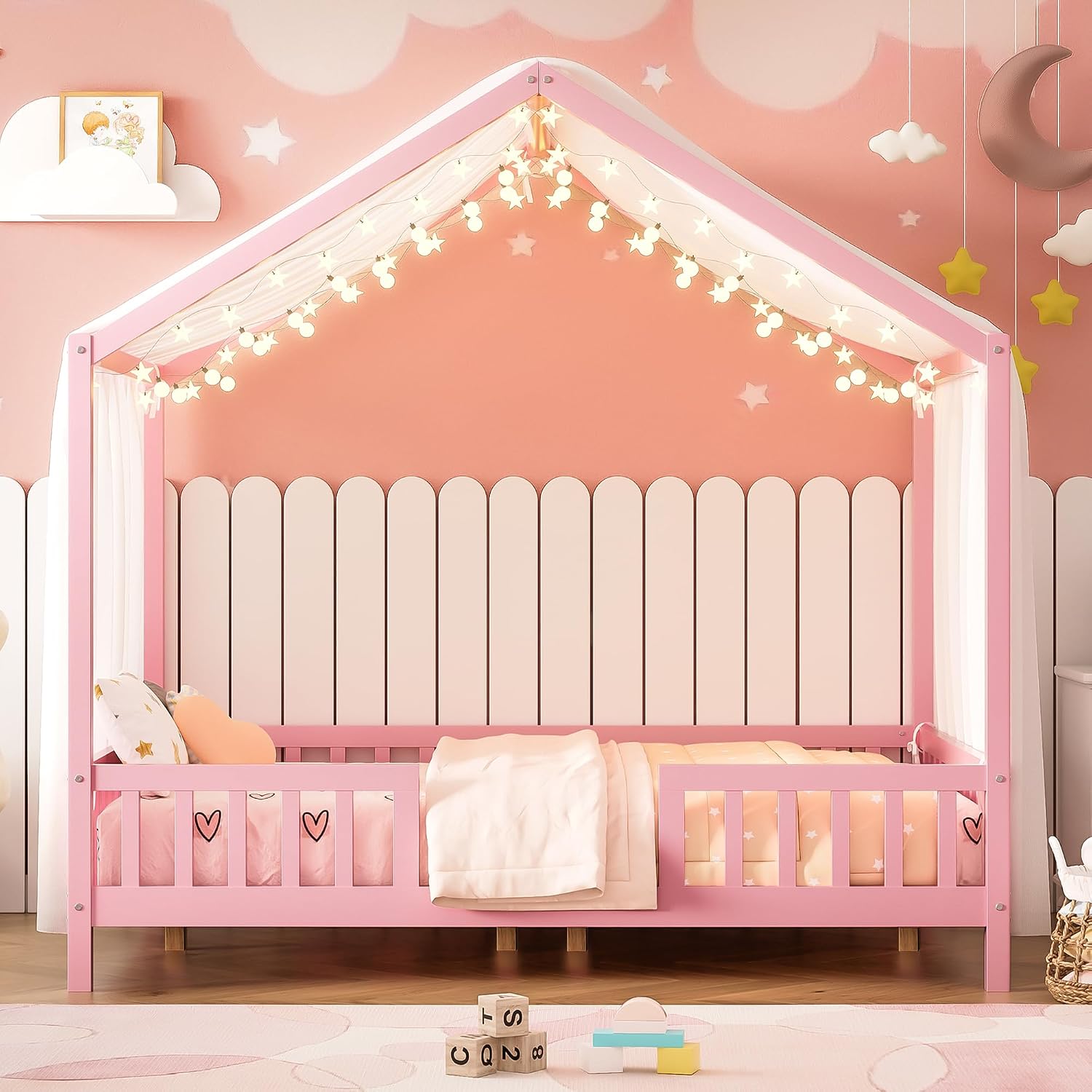 Full Montessori Floor House Bed with High Rails, Wood Kids Low Floor Bed with Roof & Canopy, Montessori Full Kids Bed Frame for Girls, Boys,No Box Spring Needed, Pink