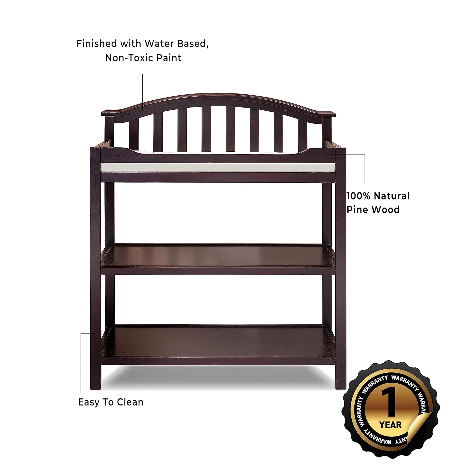 Sorelle Furniture Berkley Changing Table and Changing Pad, Dressing and Diaper Changing Table for Baby Room, Nursery Furniture for Infant -Espresso