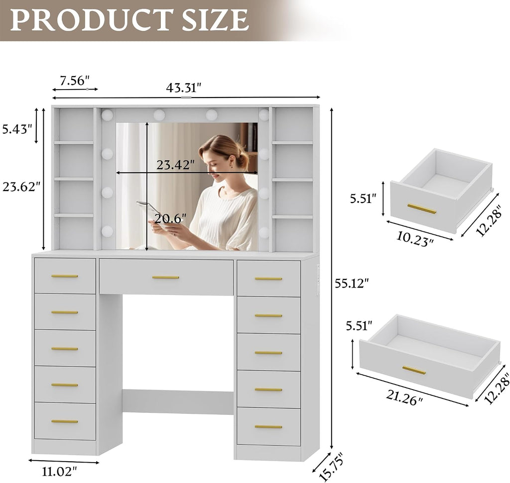 Wodeer Makeup Vanity with Drawers, 43' White Vanity Desk with Mirror and Lights, 11 Drawers & 4 Shelves, Power Outlet & Adjustable LED Lights, Dressing Table for Women & Girls Bedroom