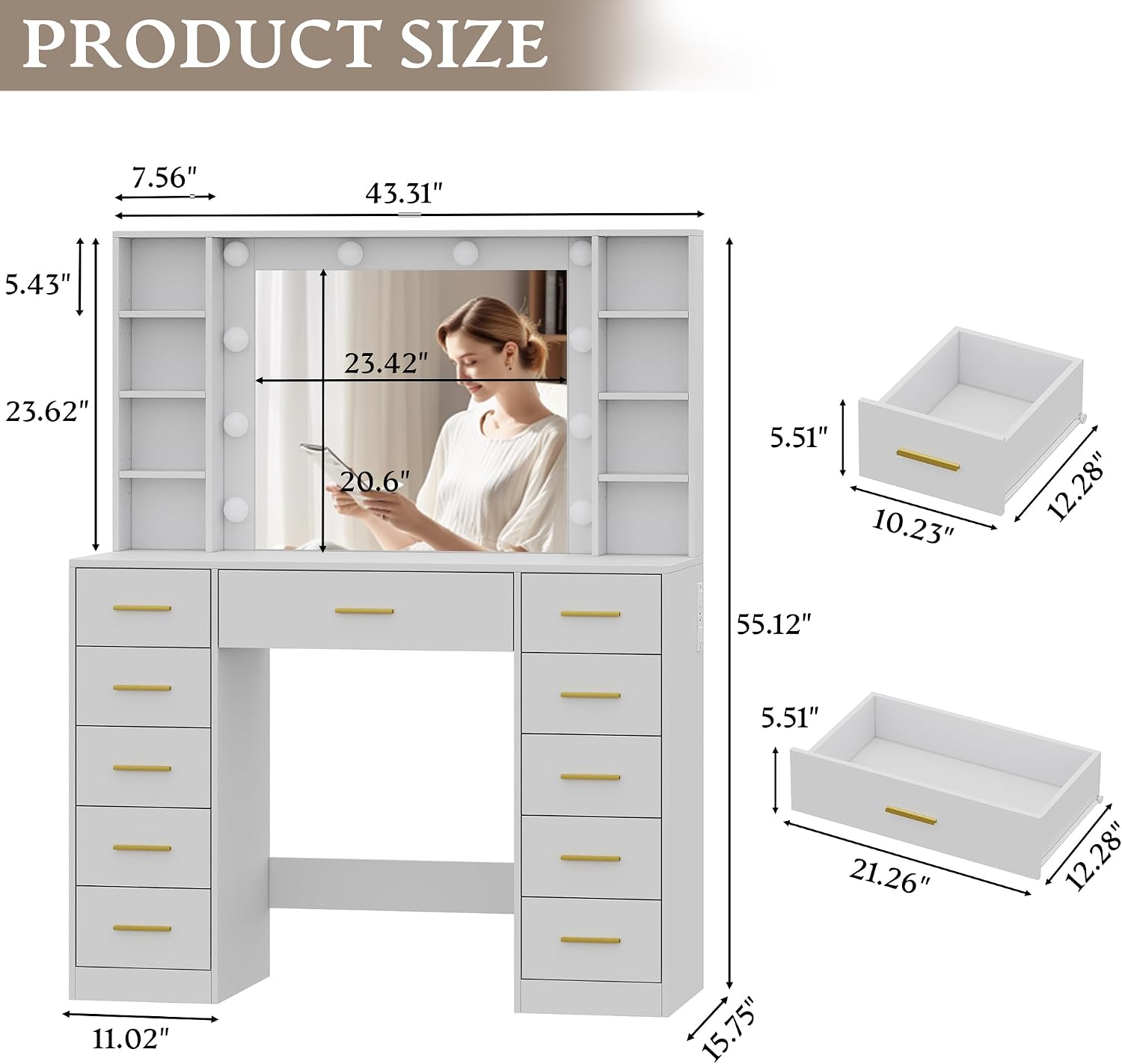 Wodeer Makeup Vanity with Drawers, 43' White Vanity Desk with Mirror and Lights, 11 Drawers & 4 Shelves, Power Outlet & Adjustable LED Lights, Dressing Table for Women & Girls Bedroom