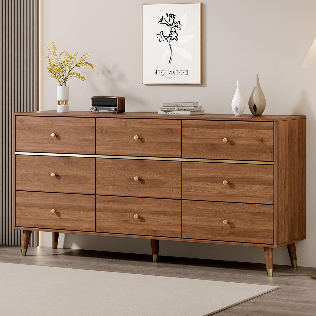 Chrangmay 9 Drawer Dresser,63' Wide Mid Century Modern Chest of Drawers,Wooden Bedroom Drawer Dresser with 9 Storage Drawers for Bedroom, Living Room,with Anti-Tipping Device,Brown