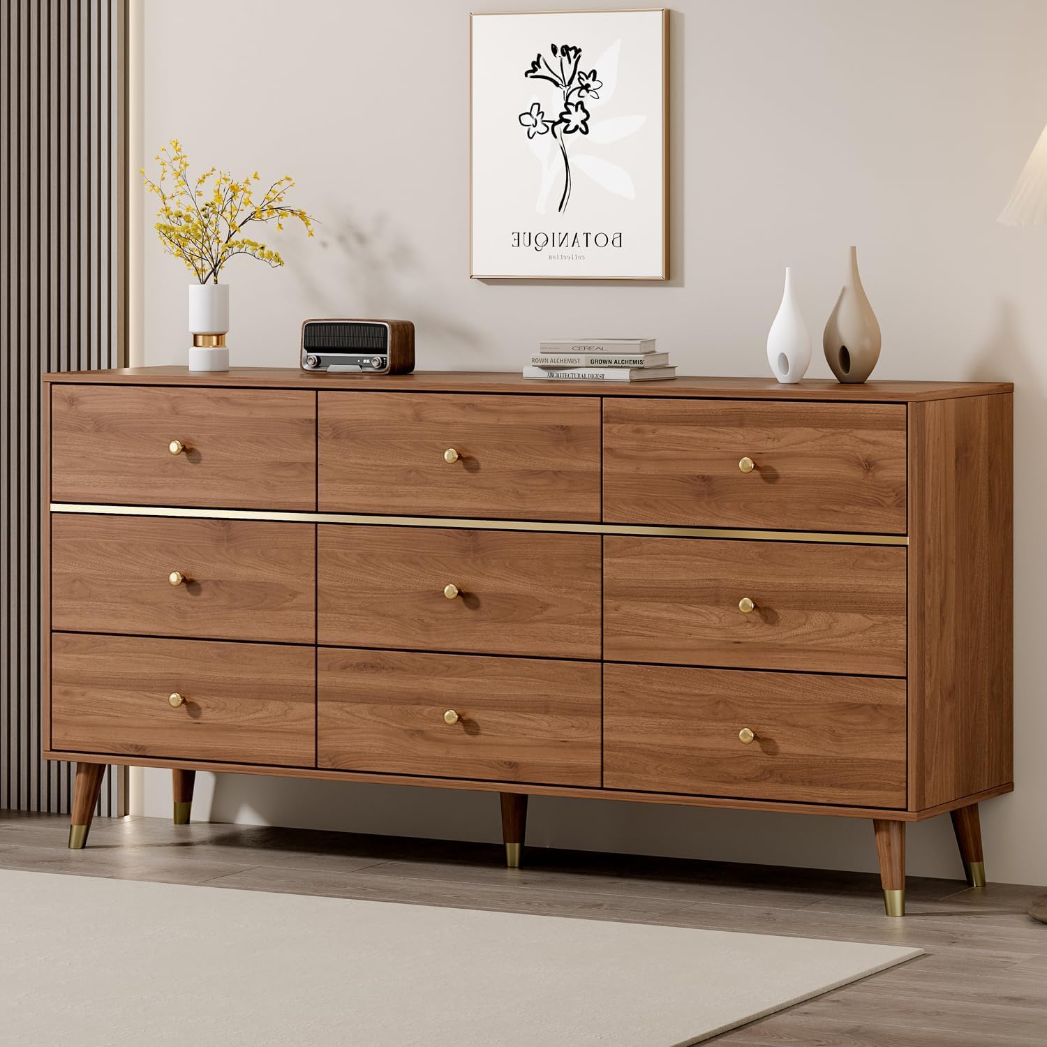 Chrangmay 9 Drawer Dresser,63' Wide Mid Century Modern Chest of Drawers,Wooden Bedroom Drawer Dresser with 9 Storage Drawers for Bedroom, Living Room,with Anti-Tipping Device,Brown