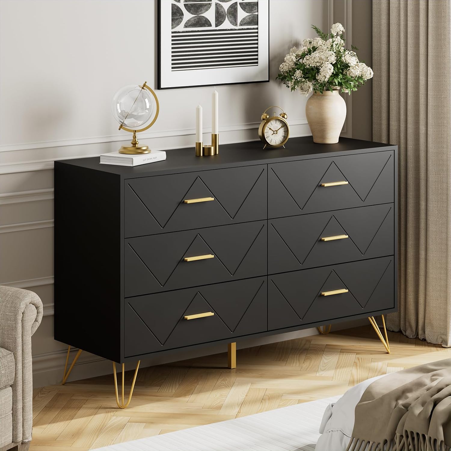JOZZBY Dresser for Bedroom, 6 Drawer Black Wood Dresser with Gold Handles, Modern Storage Dressers & Chests of Drawers for Hallway, Entryway