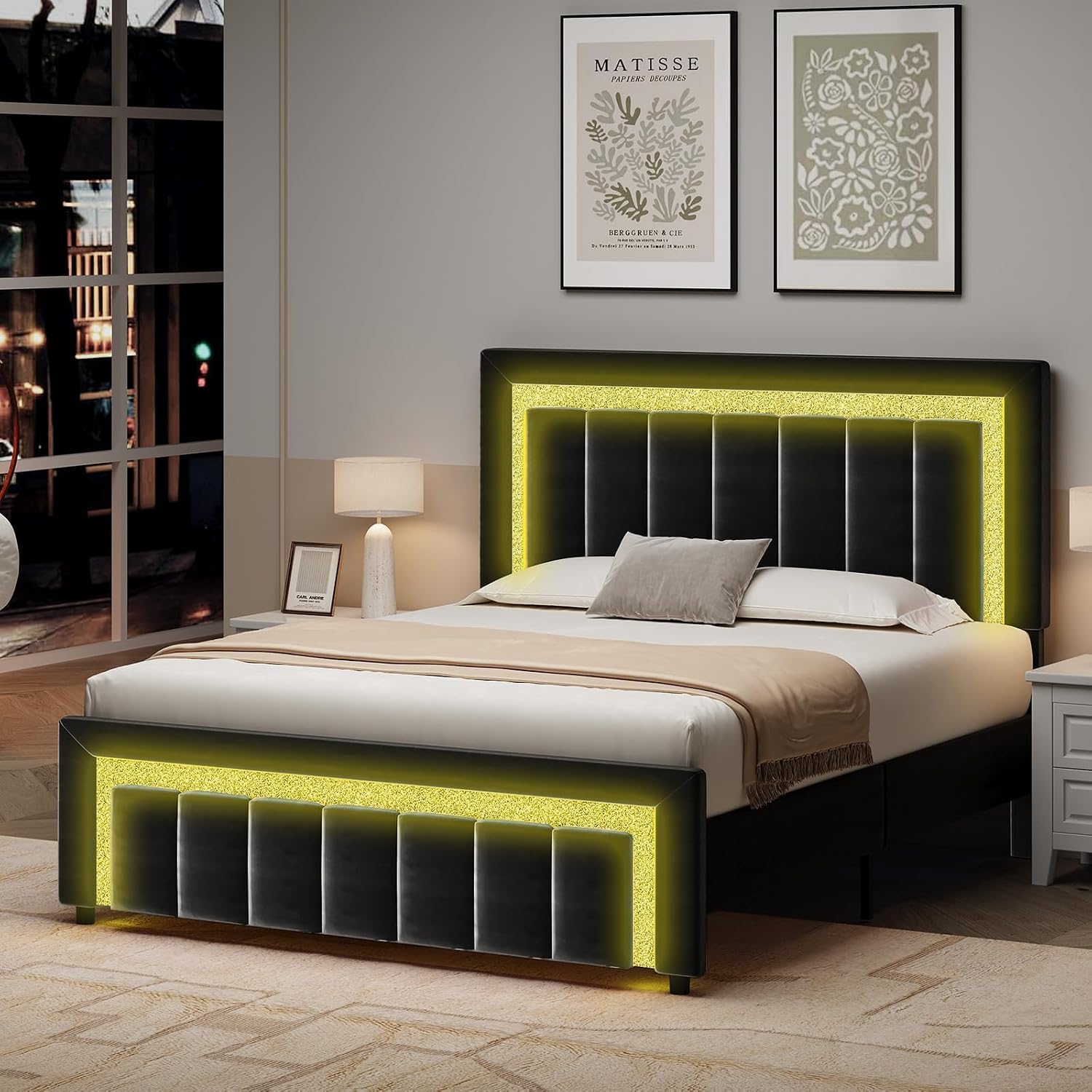 HOMBCK Full Size Bed Frame with LED Lights and Velvet Upholstered Adjustable Headboard, Bed Frame Full with Diamond Headboard & Footboard, Wood Slats Support, Noise Free, No Box Spring Needed, Black