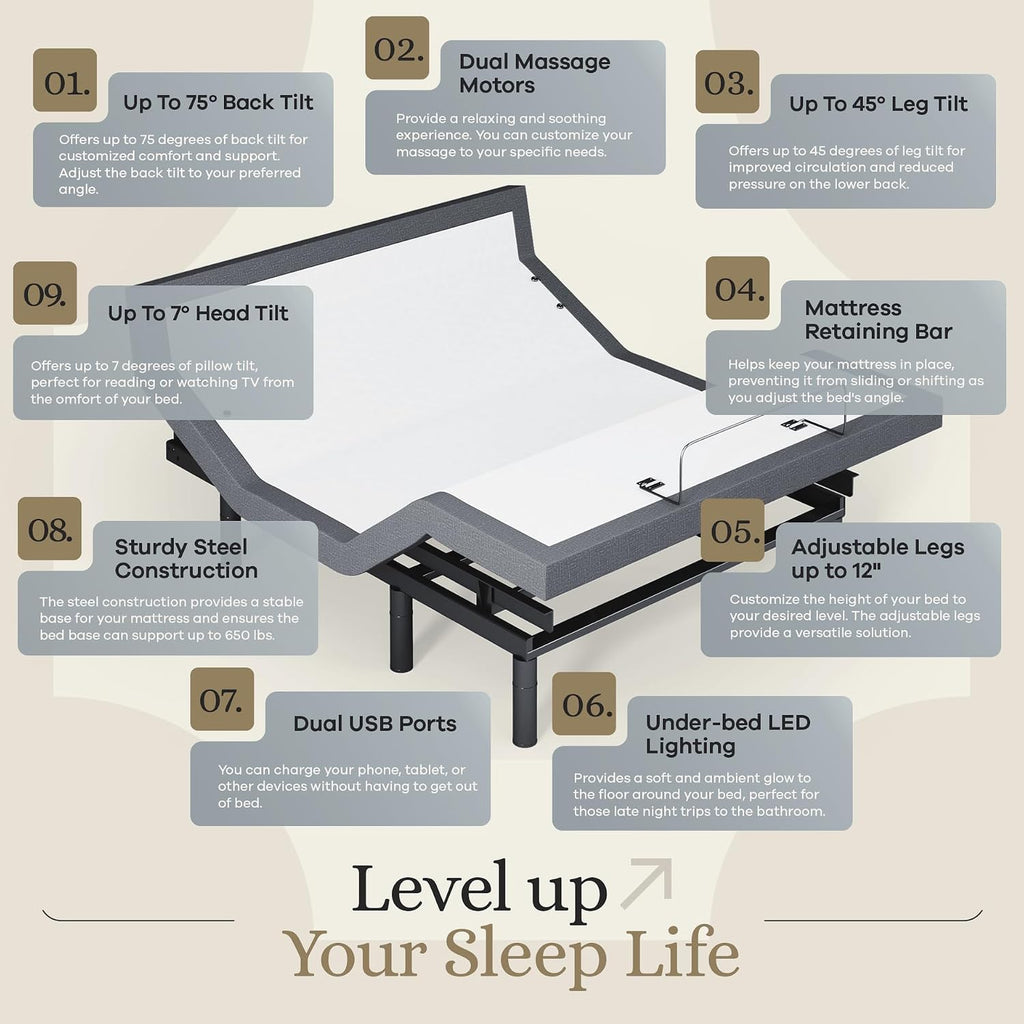 Sven & Son Harmony Adjustable Bed Base, Head and Foot Lift, Massage, Under-Bed Lights, USB, Gel Memory, Zero Gravity Smart Frame - Full + 12 inch Memory Foam Matt (Medium)