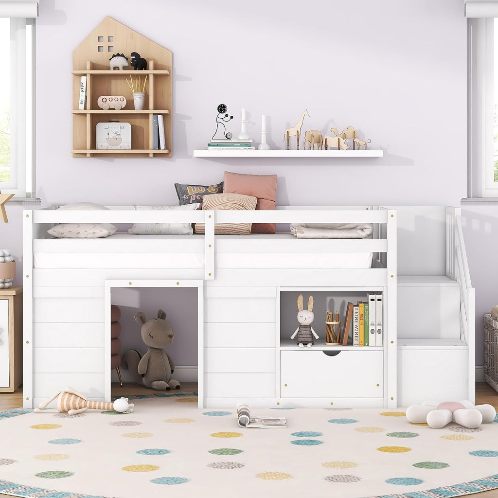 JIVOIT Twin Size Loft Bed with Bookshelf and Storage Drawer, Storage Staircase and Window Design, Wooden Low Loft Bed Frame with Full-Length Guardrail for Kids Teens (White, Bookshelf+Drawer 7)